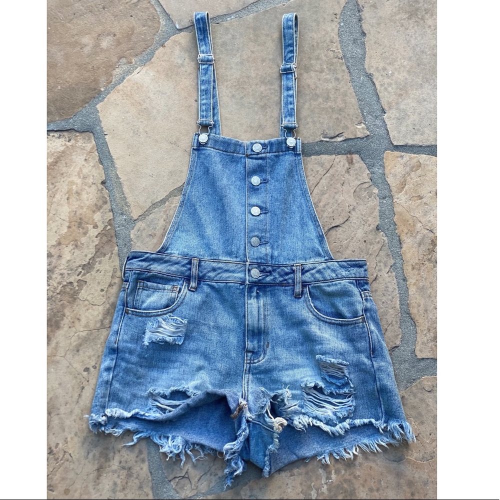 PacSun button denim overall shorts destroyed Sz 28
